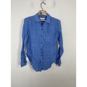 Pilcro Women Shirt 4 Blue Gauze Linen Blend Button Up Beachy Plaid Anthropologie